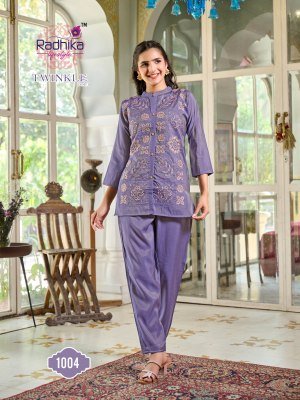 Radhika Lifestyle Twinkle Vol 1 Cord Set Roman Schimmer Fabric with Elegant Work Top And Pant Combo Wholesale co ord set catalogs