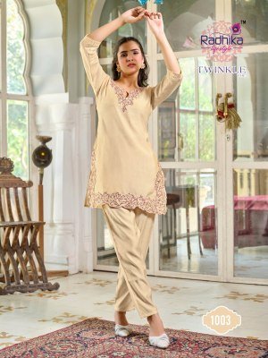 Radhika Lifestyle Twinkle Vol 1 Cord Set Roman Schimmer Fabric with Elegant Work Top And Pant Combo Wholesale co ord set catalogs