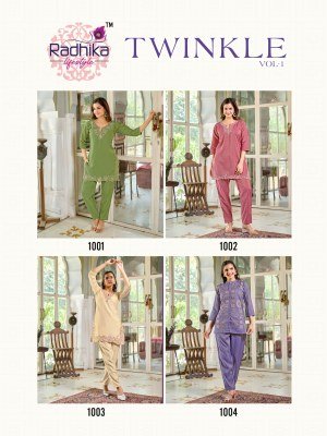 Radhika Lifestyle Twinkle Vol 1 Cord Set Roman Schimmer Fabric with Elegant Work Top And Pant Combo Wholesale co ord set catalogs