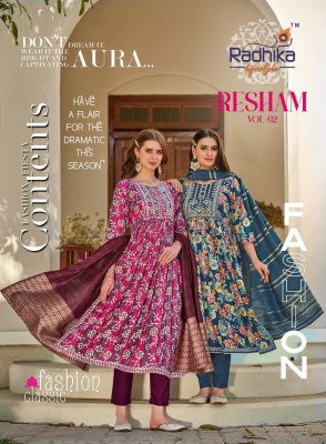 Radhika life style by Resham vol 2 reyon foil print embroidered readymade suit catalogue at low rate Radhika Lifestyle