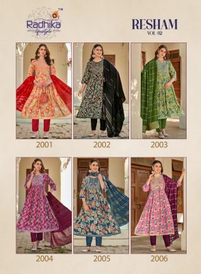 Radhika life style by Resham vol 2 reyon foil print embroidered readymade suit catalogue at low rate readymade suit catalogs