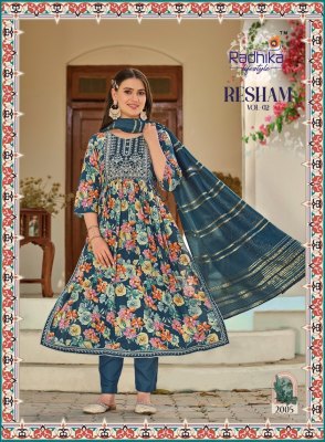 Radhika life style by Resham vol 2 reyon foil print embroidered readymade suit catalogue at low rate readymade suit catalogs