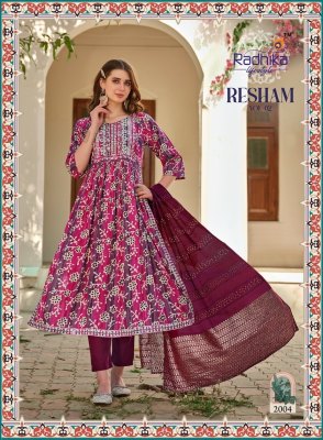 Radhika life style by Resham vol 2 reyon foil print embroidered readymade suit catalogue at low rate readymade suit catalogs