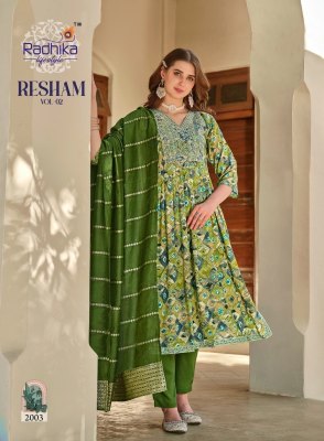 Radhika life style by Resham vol 2 reyon foil print embroidered readymade suit catalogue at low rate readymade suit catalogs