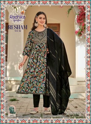 Radhika life style by Resham vol 2 reyon foil print embroidered readymade suit catalogue at low rate readymade suit catalogs