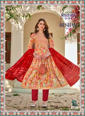 Radhika life style by Resham vol 2 reyon foil print embroidered readymade suit catalogue at low rate readymade suit catalogs