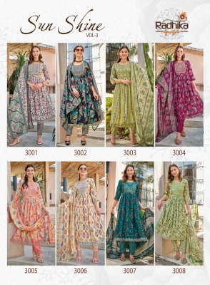 Radhika life style by Sunshine vol 3 fancy nyra cut kurti pant and dupatta catalogue at affordable rate readymade suit catalogs