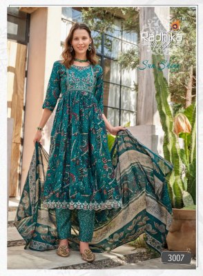 Radhika life style by Sunshine vol 3 fancy nyra cut kurti pant and dupatta catalogue at affordable rate readymade suit catalogs