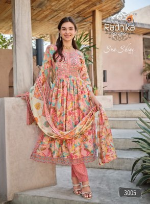 Radhika life style by Sunshine vol 3 fancy nyra cut kurti pant and dupatta catalogue at affordable rate readymade suit catalogs