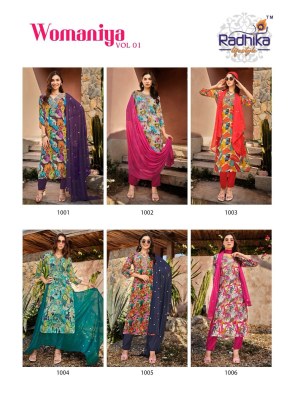 Radhika lifestyle by Womaniya 1 pure chinon with printed readymade suit catalogue at affordable rate readymade suit catalogs