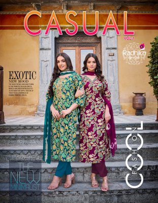 Radhika lifestyle by casual vol 1 heavy reyon foil print readymade suit catalogue at low rate Radhika Lifestyle