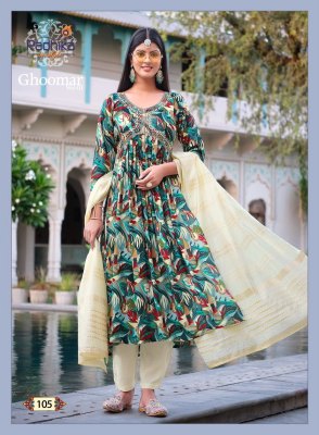 Radhika lifestyle by ghoomar vol 1 alia cut gown style kurti pant and dupatta catalog at wholesale price kurtis catalogs