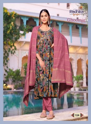 Radhika lifestyle by ghoomar vol 1 alia cut gown style kurti pant and dupatta catalog at wholesale price kurtis catalogs