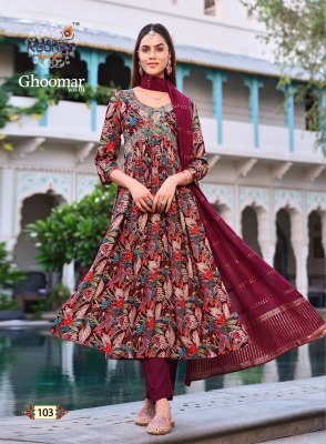 Radhika lifestyle by ghoomar vol 1 alia cut gown style kurti pant and dupatta catalog at wholesale price kurtis catalogs