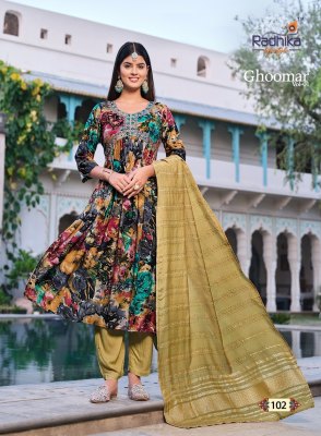 Radhika lifestyle by ghoomar vol 1 alia cut gown style kurti pant and dupatta catalog at wholesale price kurtis catalogs