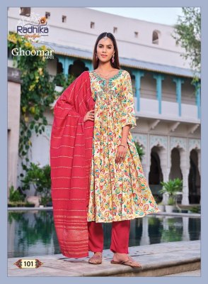 Radhika lifestyle by ghoomar vol 1 alia cut gown style kurti pant and dupatta catalog at wholesale price kurtis catalogs