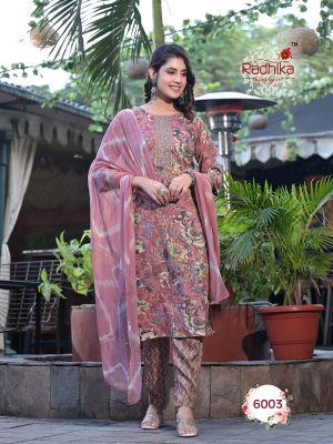 Radhika lifestyle by seerat vol 6 launch rayon capsule foil printed kurti pant and dupatta with embroidery work catalog at wholesale price  readymade suit catalogs