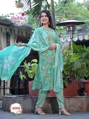 Radhika lifestyle by seerat vol 6 launch rayon capsule foil printed kurti pant and dupatta with embroidery work catalog at wholesale price  readymade suit catalogs