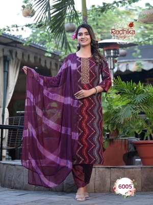 Radhika lifestyle by seerat vol 6 launch rayon capsule foil printed kurti pant and dupatta with embroidery work catalog at wholesale price  readymade suit catalogs