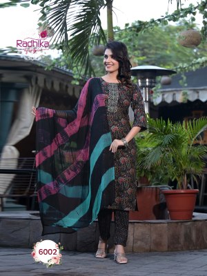 Radhika lifestyle by seerat vol 6 launch rayon capsule foil printed kurti pant and dupatta with embroidery work catalog at wholesale price  readymade suit catalogs