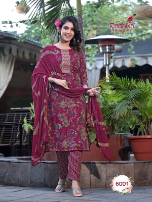 Radhika lifestyle by seerat vol 6 launch rayon capsule foil printed kurti pant and dupatta with embroidery work catalog at wholesale price  readymade suit catalogs