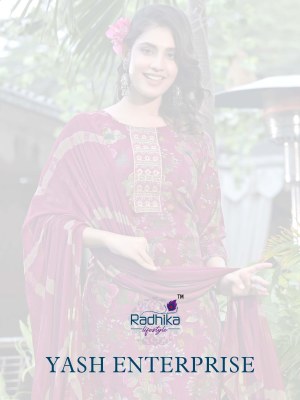 Radhika lifestyle by seerat vol 6 launch rayon capsule foil printed kurti pant and dupatta with embroidery work catalog at wholesale price  readymade suit catalogs