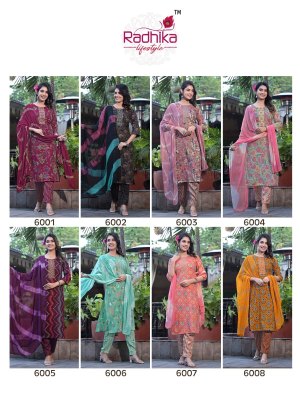 Radhika lifestyle by seerat vol 6 launch rayon capsule foil printed kurti pant and dupatta with embroidery work catalog at wholesale price  readymade suit catalogs