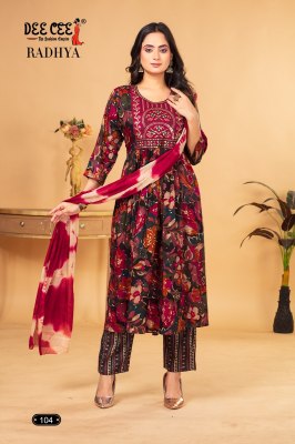 Radhya by Deecee reyon foil printed ghera kurti pant and dupatta catalogue at low rate readymade suit catalogs