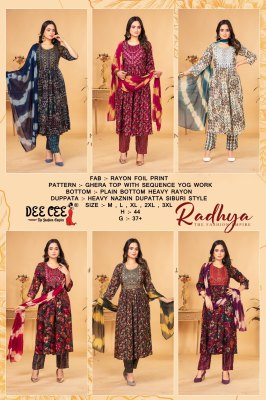 Radhya by Deecee reyon foil printed ghera kurti pant and dupatta catalogue at low rate readymade suit catalogs