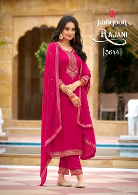 Rajani by Rangoon Pure chinon Fancy Work Kurti pant and dupatta  at affordable rate 