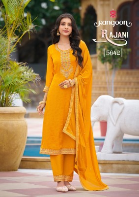 Rajani by Rangoon Pure chinon Fancy Work Kurti pant and dupatta  at affordable rate readymade suit catalogs