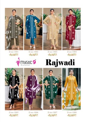 Rajwadi vol 1 by Mystic 9 Premium quality reyon embroidered kurti pant and dupatta collection at amaviexpo readymade suit catalogs