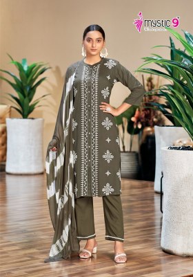 Rajwadi vol 1 by Mystic 9 Premium quality reyon embroidered kurti pant and dupatta collection at amaviexpo readymade suit catalogs