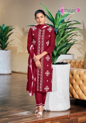 Rajwadi vol 1 by Mystic 9 Premium quality reyon embroidered kurti pant and dupatta collection at amaviexpo readymade suit catalogs