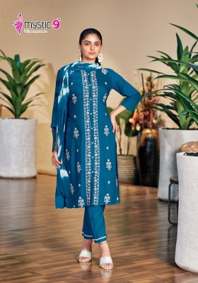 Rajwadi vol 1 by Mystic 9 Premium quality reyon embroidered kurti pant and dupatta collection at amaviexpo readymade suit catalogs