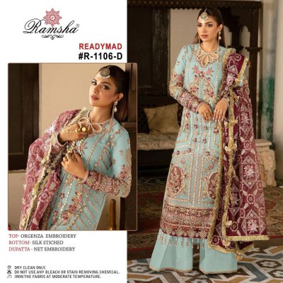 Ramsha present readymade R 1106 organza embroidered Pakistani suit catalogue at wholesale price 