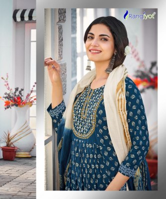 Rangjyot by rangmuch vol 2 reyon with gold print kurti pant and dupatta catalogue at wholesale price readymade suit catalogs