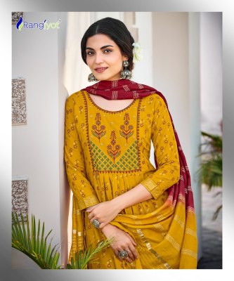 Rangjyot by rangmuch vol 2 reyon with gold print kurti pant and dupatta catalogue at wholesale price readymade suit catalogs