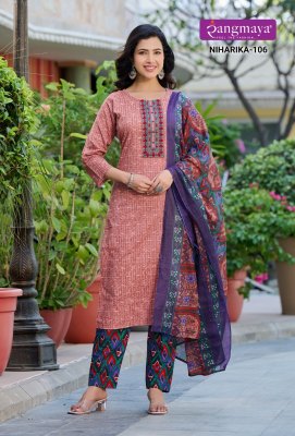 Rangmaya by Niharika fancy cotton printed kurti pant and dupatta catalogue at affordable rate readymade suit catalogs