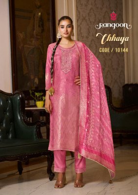 Rangoon Chhaya Pure Muslin Jacquard Suit  Embroidered Top Viscose Bottom And Digital Print Dupatta Wholesale Single