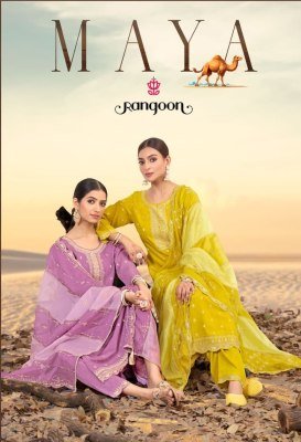 Rangoon MAYA Designer Viscose Jacquard Suit with Fancy Khatli And Mirror Work  Lace Pant And Soft Organza Heavy Dupatta Wholesale Karachi suits catalogs