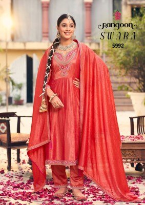 Rangoon Swara Ivory Print Silk Suit Fancy Work Top  Lace Pant  and Four Side Border Dupatta Wholesale kurtis catalogs