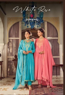 Rangoon Whiterose Chinon Fancy Neck And Sleeve Work Suit with Khatli Handwork Mirror and Cotton Inner Embellished Dupatta with Swarovski Diamond And F Rangoon