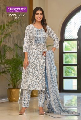 Rangrez by Rangmaya Cotton printed fancy kurti pant and dupatta catalogue at low rate  readymade suit catalogs