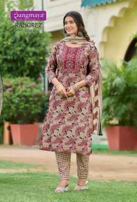 Rangrez by Rangmaya Cotton printed fancy kurti pant and dupatta catalogue at low rate  readymade suit catalogs