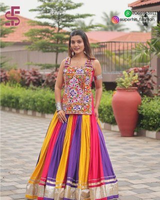 Real Modeling Navratri Special SHFR 111 Multi Colours Pure Cotton Lehenga Choli with Heavy Gamathi And Real Mirror Work  Micro Cotton Inner  and Ribbo lehenga choli