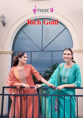 Rich Gold vol 2 by Mystic 9 Premium cotton neck embroidered straight kurti pant and dupatta catalogue at amaviexpo  Mystic 9