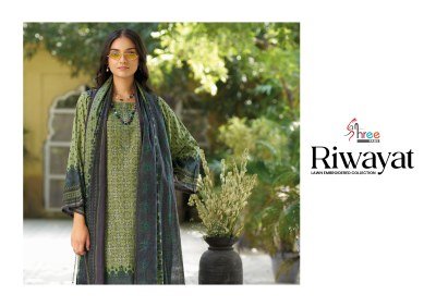Riwayat Lawn Emb Collection 2025 Pure Lawn Cotton Top And Semi Lawn Bottom with Mal Mal Cotton Dupatta readymade suit catalogs