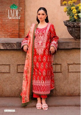 Saanvi Trends Jade Crimsons Vol 15 Pure Heavy Lawn Cotton Karachi Print Cembric Collection Top Bottom and Dupatta Wholesale kurtis catalogs