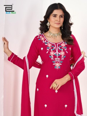 Saanvi by Blue hills reyon neck embroidered kurti pant and dupatta catalogue Blue hills Kurti 